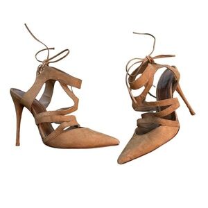 Schutz Kelins Heels Brown Tan Leather Shoes Size 9 Strappy Tie Tall Stilettos